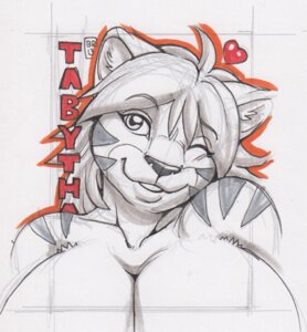Rating: Safe Score: 0 Tags: 2013 anthro big_breasts breasts bust_portrait character_badge_(artwork) e621 felid female heart_symbol low_res mammal marker_(artwork) max_blackrabbit mixed_media nude pantherine pen_(artwork) portrait smile solo stripes tabykat tabytha_starling tiger traditional_media_(artwork) User: bunchy7s