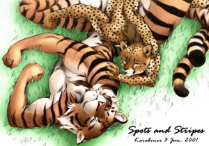 Rating: Safe Score: 0 Tags: anthro cheetah duo e621 english_text felid feline karabiner lying male male/male mammal outside pantherine spots stripes tail text tiger User: bunchy7s