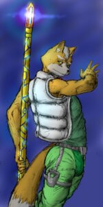 Rating: Safe Score: 0 Tags: 1:2 anthro belt blue_background bulge canid canine clothing crew_cut ducati e621 flight_suit fox fox_mccloud green_eyes hi_res inner_ear_fluff male mammal melee_weapon nintendo polearm pose simple_background solo staff star_fox topwear tuft vest weapon User: bunchy7s