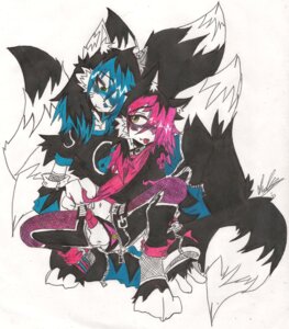 Rating: Explicit Score: 0 Tags: 2010 alternative_fashion anthro armwear balls blush canid canine clothed clothing clothing_aside crouching duo e621 emo emo_haircut felid fishnet_clothing fox genitals hi_res kyubi_kun kyubun lion looking_at_another male male/male mammal muff_the_cat multi_tail navel pantherine penis simple_background tail traditional_media_(artwork) underwear underwear_aside white_background User: bunchy7s