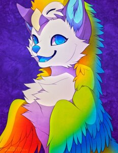 Rating: Safe Score: 0 Tags: 2014 ambiguous_gender avian beak bird blue_eyes canid canine canis chest_tuft digital_media_(artwork) e621 eyes_closed falvie feathered_wings feathers feral fur mammal parrot purple_background rainbow simple_background smile solo sparklefur tuft white_body white_fur wings wolf User: bunchy7s
