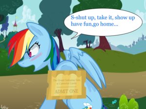 Rating: Safe Score: 0 Tags: 2013 4:3 blue_body blue_feathers blue_fur blush building cloud cutie_mark dialogue e621 english_text equid equine feathered_wings feathers female feral friendship_is_magic fur grass hair hasbro hi_res looking_away mammal multicolored_hair my_little_pony mythological_creature mythological_equine mythology outside pegasus plant pon3splash purple_eyes rainbow_dash_(mlp) rainbow_hair sitting sky solo text ticket tree tsundere wings User: bunchy7s