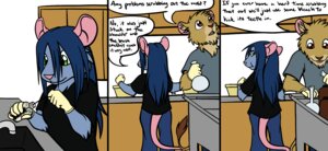 Rating: Safe Score: 0 Tags: 2013 ambiguous_gender anthro blue_body blue_fur blue_hair bottomwear brown_eyes clothing comic conditional_dnp cory_(ratte) dialogue digital_media_(artwork) duo e621 english_text felid female fur gloves green_eyes hair handwear lion male mammal murid murine norve open_mouth pantherine pants rat ratte rodent shirt sink speech_bubble tan_body tan_fur text topwear User: bunchy7s