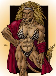 Rating: Questionable Score: 0 Tags: abs abstract_background accessory anthro athletic bathrobe biceps big_breasts bikini blonde_hair breasts clothed clothing e621 felid female fur gradient_background hair hand_on_hip headband jay_shell lion long_hair looking_at_viewer mammal muscular muscular_anthro muscular_female open_clothing open_robe pantherine pose robe simple_background skimpy solo swimwear tail tail_tuft thick_thighs tight_clothing tuft two-piece_swimsuit yellow_eyes User: bunchy7s