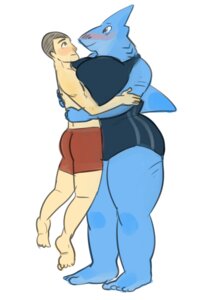 Rating: Questionable Score: 0 Tags: 2011 anthro aquatic big_breasts blush breast_squish breasts clothed clothing duo e621 female fish hug human male mammal one-piece_swimsuit roly shark simple_background squish swimwear white_background User: bunchy7s