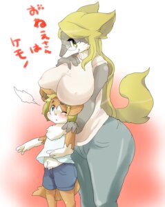 Rating: Safe Score: 0 Tags: age_difference aged_up anthro big_breasts blonde_hair blush boob_hat bottomwear breasts brother_(lore) brother_and_sister_(lore) canid canine clothed clothing denim denim_bottomwear denim_clothing duo e621 eyewear female fox glasses hair japanese_text jeans kemono male mammal mature_anthro mature_female mother_(lore) older_female pants parent_(lore) pince-nez powderkona shirt shorts sibling_(lore) side_view simple_background sister_(lore) size_difference standing tail text topwear translated young young_anthro User: bunchy7s