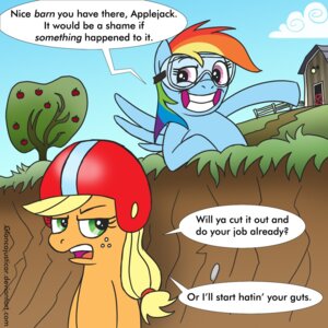 Rating: Safe Score: 0 Tags: 1:1 2011 apple applejack_(mlp) armor bad_joke barn blue_body blue_feathers blue_fur dialogue duo e621 earth_pony english_text equid equine eyewear feathered_wings feathers female feral food freckles friendship_is_magic fruit fur glancojusticar goggles green_eyes hair hasbro headgear helmet horse humor joke mammal multicolored_hair my_little_pony mythological_creature mythological_equine mythology pegasus plant pony purple_eyes rainbow_dash_(mlp) rainbow_hair smile text tree wings User: bunchy7s