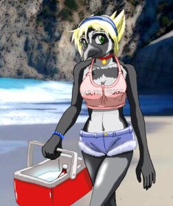 Rating: Safe Score: 0 Tags: accessory anthro avian banded_penguin beak bird black_body black_feathers blonde_hair bottomwear breasts cleavage clothed clothing e621 feathers female galapagos_penguin green_eyes hair hair_accessory hairband ice_cooler meredith_(scythemouse) midriff navel non-mammal_breasts penguin scythemouse short_hair shorts solo water white_body white_feathers User: bunchy7s