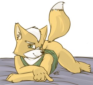 Rating: Questionable Score: 0 Tags: anthro ass_up bed black_nose bottomless canid canine clothed clothing e621 feet fox fox_mccloud fur furniture green_eyes looking_at_viewer male mammal nintendo orange_body orange_fur raised_tail roarey_raccoon simple_background smile solo star_fox tail toes white_background User: bunchy7s