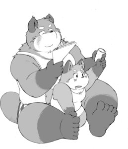 Rating: Questionable Score: 0 Tags: age_difference anthro ayame42612 canid canine duo e621 greyscale kemono male mammal monochrome monokuro426 overweight simple_background size_difference unknown_species white_background young young_anthro User: bunchy7s
