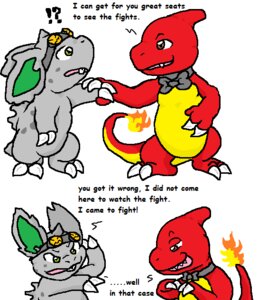 Rating: Safe Score: 0 Tags: accessory bow_(feature) bow_tie brown_eyes charmeleon comic dialogue duo e621 english_text eyewear fire flaming_tail generation_1_pokemon goggles green_eyes grey_body guil_bunny_(artist) kishin_the_nidoran male multiple_scenes necktie nidoran nidoran♂ nintendo orange_body orange_skin pokemon pokemon_(species) red_body scalie simple_background tail text white_background User: bunchy7s