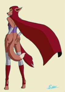 Rating: Questionable Score: 0 Tags: anthro bottomless butt canid canine cape chaotic clothed clothing e621 female fox hi_res jewelry kinnianne looking_at_viewer mammal overworlder solo stigmatura tape User: bunchy7s