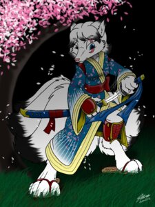 Rating: Safe Score: 0 Tags: 2012 3:4 anthro armor canid canine catmonkshiro claws clothing e621 female footwear fox grass leaf mammal melee_weapon multi_tail outside paws plant robe sandals shoes solo sword tail tree weapon wood User: bunchy7s