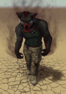 Rating: Safe Score: 0 Tags: angry anthro belly black_body black_fur blood bodily_fluids camo canid canine desert detailed detailed_background dog_tags e621 fur hair hi_res jupe mahoka male mammal military outside piercing possession realistic red_belly red_hair solo User: bunchy7s