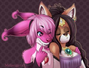 Rating: Safe Score: 0 Tags: anthro canid canine duo e621 female fur hair hi_res jewelry male mammal meat_necklace melangetic mr._everitt pink_body pink_fur pink_hair pouting procyonid raccoon smile User: bunchy7s