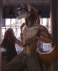 Rating: Safe Score: 0 Tags: 2005 anthro blue_eyes bottomwear brown_body brown_fur brown_hair canid canine chest_tuft cigarette clothed clothing day detailed_background e621 fur grey_body grey_fur grin hair holding_clothing holding_lighter holding_object inner_ear_fluff inside lighter looking_at_viewer male mammal nipples orange_tail pants rubendevela signature smile smoke smoking smoking_cigarette solo standing tail topless tuft unavailable_at_source window User: bunchy7s