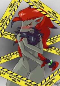 Rating: Explicit Score: 0 Tags: anthro anthrofied barricade_tape blush canid canine caution_tape chest_tuft claws e621 female fur generation_5_pokemon genitals gradient_background green_eyes grey_background hair hazard_stripes mammal nintendo pokemon pokemon_(species) pokemorph red_claws red_hair simple_background skykain solo tape tuft vulva zoroark User: bunchy7s