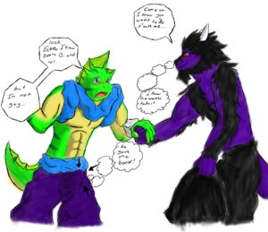 Rating: Explicit Score: 0 Tags: 5_fingers abs anthro beard black_body black_fur blue_eyes blush bottomwear bulge clothed clothing dialogue digital_media_(artwork) directional_arrow duo e621 ear_fins english_text erection facial_hair fin fingers fur genitals green_body green_skin hand_holding head_fin holding_clothing holding_object horn ishigray lizard looking_at_another male male/male open_mouth orange_eyes pants penis purple_body purple_fur reptile scalie simple_background smile speech_bubble standing tail tenting text thought_bubble topless white_background User: bunchy7s