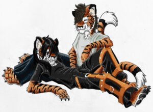 Rating: Safe Score: 0 Tags: 4_toes 5_fingers anthro barefoot black_body black_fur black_hair black_nose bondage_pants bottomwear claws clothed clothing dipstick_tail duo e621 feet felid fingers fully_clothed fur hair hellgoddess inner_ear_fluff leather lying male mammal markings multicolored_tail on_back orange_body orange_fur oversized_bottomwear oversized_clothing oversized_pants pantherine pants raised_tail shirt simple_background sitting smile stripes tail tail_markings tiger toes topwear tuft whiskers white_background white_body white_fur User: bunchy7s