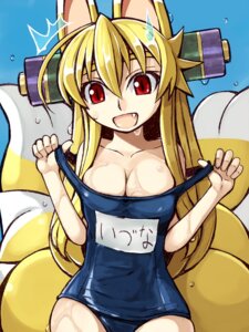 Rating: Questionable Score: 0 Tags: 3:4 :d animal_humanoid blonde_hair bodily_fluids breasts canid canid_humanoid canine canine_humanoid cleavage clothed clothing collarbone e621 fangs female fox fox_humanoid fox_tail hair humanoid izuna_(shinrabanshou) long_hair looking_at_viewer mammal mammal_humanoid multi_tail open_mouth red_eyes saru_000 school_swimsuit scroll shinrabanshou smile solo sweat sweatdrop swimwear tail teeth wet User: bunchy7s