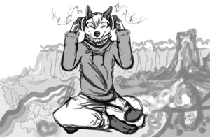 Rating: Safe Score: 0 Tags: anthro canid canine crosslegged_pose e621 electronics headphones male mammal meditation monochrome music nature outside sitting smile snow-wolf solo tail User: bunchy7s