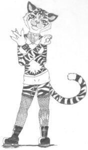 Rating: Questionable Score: 0 Tags: anthro clothing collar e621 felid female fishnet_clothing hatchet_man insane_clown_posse juggalo looking_at_viewer mammal monochrome navel pantherine pose smile smirk solo stripes tail tiger unknown_artist User: bunchy7s