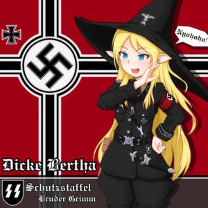 Rating: Safe Score: 0 Tags: 1:1 5_fingers blonde_hair blue_eyes clothing dialogue e621 elf english_text female fingers hair hat headgear headwear humanoid kousonen melee_weapon military nazi not_furry open_mouth red_background simple_background solo speech_bubble swastika sword teeth text uniform weapon witch_hat User: bunchy7s