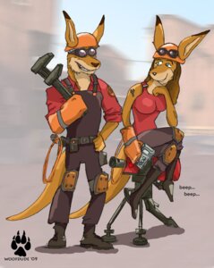 Rating: Safe Score: 0 Tags: 2009 alternate_species anthro armor brown_body brown_fur brown_hair duo e621 engineer_(team_fortress_2) eyewear eyewear_on_head female fur goggles green_eyes grin hair hard_hat headgear helmet holding_object holding_tool kangaroo long_hair machine macropod male mammal marsupial monkey_wrench robot sentry_gun_(team_fortress_2) sitting smile standing tail team_fortress_2 tools turret valve valve_corporation woofdude wrench User: bunchy7s