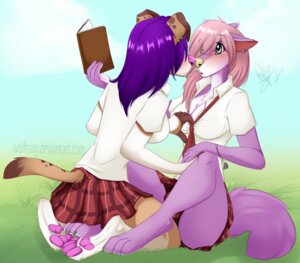 Rating: Questionable Score: 0 Tags: 2014 4_toes anthro blue_eyes blush bottomwear breasts canid canine canis clothing digital_media_(artwork) digitigrade domestic_dog duo e621 feet female female/female fur furgonomic_bottomwear furgonomics hair hindpaw kneeling long_hair mammal pawpads paws pink_hair purple_body purple_fur roxy_bradingham soles sussan tail tail_button_bottoms tail_clothing toes wolf wolflady User: bunchy7s