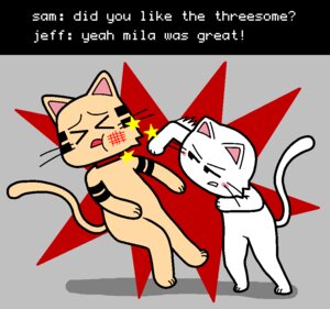 Rating: Safe Score: 0 Tags: ambiguous_gender dialogue domestic_cat duo e621 english_text felid feline felis humor jeff_(pronista) mammal pronista sam_(pronista) text User: bunchy7s