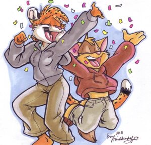 Rating: Safe Score: 0 Tags: anthro celebration cheetah chespi clothed clothing dancing dingbat duo e621 felid feline female happy low_res male mammal simple_background tail User: bunchy7s