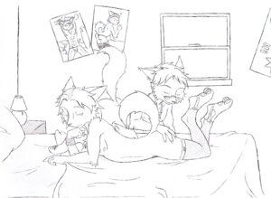 Rating: Questionable Score: 0 Tags: anthro bed bedroom black_and_white butt butt_grab canid canine clothing duo e621 ear_piercing eyes_closed eyewear furniture hand_on_butt hi_res jewelry lamp legwear lying male male/male mammal monochrome necklace nude on_front piercing pillow poster raised_tail simple_background stockings tail tarathiellyris window User: bunchy7s
