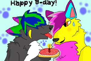 Rating: Safe Score: 0 Tags: anthro birthday blush bodily_fluids cake candle canid canine canis dessert duo e621 female food grandfathered_content happy_birthday licking male mammal moonstar_wolf paws sweat tongue tongue_out unknown_artist wolf User: bunchy7s