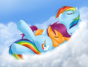 Rating: Safe Score: 0 Tags: 2011 blue_body blue_fur child cloud cutie_mark day detailed_background duo e621 english_text equid equine eyes_closed feathered_wings feathers female feral friendship_is_magic fur hair hasbro horse mammal melancholysanctuary multicolored_hair multicolored_tail my_little_pony mythological_creature mythological_equine mythology orange_body orange_feathers outside pegasus pony rainbow_dash_(mlp) rainbow_hair rainbow_tail scootaloo_(mlp) signature sky skyscape sleeping tail text toony wings young young_feral User: bunchy7s