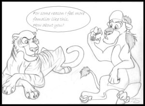 Rating: Safe Score: 0 Tags: bengal_tiger black_border border claws clothing dialogue disney duo e621 english_text felid feral graphite_(artwork) hat headgear headwear lion male mammal monochrome pantherine quadruped shere_khan tail talespin text tiger traditional_media_(artwork) wildcat_(talespin) zimaro User: bunchy7s