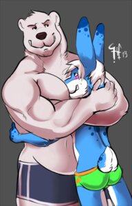 Rating: Questionable Score: 0 Tags: 2013 anthro bear biceps big_muscles blush bottomwear clothed clothing duo e621 face_on_chest fur grin horrorbuns hug lagomorph leporid male male/male mammal musclegut muscular muscular_male overweight overweight_anthro overweight_male pecs polar_bear rabbit shorts skimpy slightly_chubby smile speedo swimwear teeth topless ursine User: bunchy7s