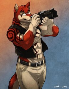 Rating: Safe Score: 0 Tags: 2011 abs anthro belt biceps big_muscles biped bottomwear camera canid canine canis claws clothed clothing dslr e621 eyewear fur glasses male mammal muscular muscular_anthro muscular_male open_clothing open_shirt open_topwear pants pecs pose red_body red_fur samsung sardius shirt solo standing tail tattoo topwear vest wfa white_body white_fur wolf yellow_eyes User: bunchy7s