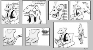 Rating: Questionable Score: 0 Tags: annoyed annoying anthro book comic dialogue e621 english_text male male/male mammal monochrome murid murine mustelid musteline rat rodent squeaky_toy tail text the_wandering_weasel true_musteline weasel User: bunchy7s