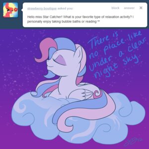 Rating: Safe Score: 0 Tags: 1:1 cloud e621 english_text equid equine eyes_closed feathered_wings feathers female feral fur greeting hair hasbro hi_res mammal mlp_g3 multicolored_hair my_little_pony mythological_creature mythological_equine mythology night on_cloud outside pegasus pre-g4 probablyfakeblonde sky solo star star_catcher_(pre-g4) starry_sky text tumblr white_body white_fur wings User: bunchy7s