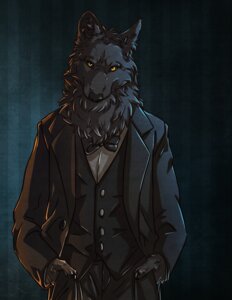 Rating: Safe Score: 0 Tags: abstract_background anthro biped black_body black_fur black_nose blackpassion777 bottomwear bow_(feature) bow_tie business_suit canid canine canis cel_shading chest_tuft claws clothed clothing collared_shirt dress_shirt e621 front_view fully_clothed fur half-length_portrait hand_in_pocket hands_in_both_pockets jacket looking_at_viewer male mammal pants pattern_background pockets portrait shaded shirt simple_background solo standing striped_background stripes suit topwear tuft vest wolf yellow_eyes User: bunchy7s