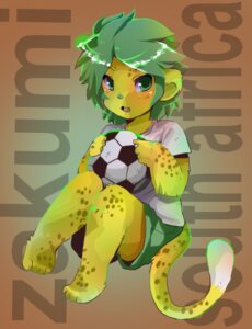Rating: Safe Score: 0 Tags: 2010 ball bottomwear clothed clothing e621 feet felid fifa green_eyes green_hair hair hindpaw holding_ball holding_object leopard looking_at_viewer male mammal mascot miri pantherine paws shirt short_hair shorts sitting soccer soccer_ball solo south_africa sport spots tail topwear world_cup zakumi User: bunchy7s