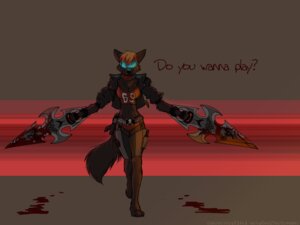 Rating: Safe Score: 0 Tags: 4:3 aggressive anthro blood bodily_fluids canid canine canis collar e621 female fleki_(character) koul mammal melee_weapon smile solo tail teasing walking weapon wolf User: bunchy7s