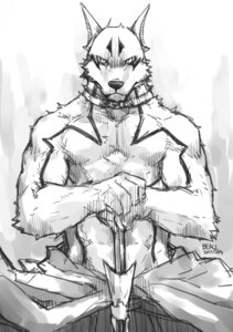 Rating: Questionable Score: 0 Tags: 2011 5_fingers anthro beau_(artist) canid canine canis clothed clothing collar doggie_kruger domestic_dog e621 fingers front_view fur greyscale hands_together looking_at_viewer male mammal melee_weapon monochrome muscular muscular_anthro muscular_male pose power_rangers sketch solo sword topless weapon User: bunchy7s