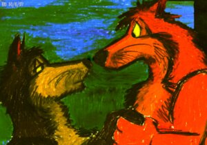 Rating: Safe Score: 0 Tags: 1997 ambiguous_gender anthro bd canid canine canis domestic_dog duo e621 male mammal marker_(artwork) romantic romantic_couple stare traditional_media_(artwork) User: bunchy7s