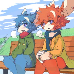 Rating: Safe Score: 0 Tags: 1:1 anthro bench clothing cloud coat duo e621 female fuzisawa hoodie laki loki_(fursuiter) low_res male on_bench outside scarf sitting sky topwear User: bunchy7s