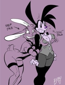 Rating: Questionable Score: 0 Tags: 0r0 2012 anthro belle_(lapinbeau) black_body black_fur breasts cleavage clothed clothing crossgender curvy_figure duo e621 english_text fangs female fur grope lagomorph leporid long_ears male mammal markings naughtyjester nude open_mouth purple_nose rabbit standing surprised teeth text tongue tongue_out white_body white_fur wide_hips User: bunchy7s