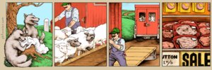 Rating: Safe Score: 0 Tags: 3:1 anthro base_one_layout bovid canid canine canis caprine clothed clothing comic costume domestic_sheep duo e621 english_text food four_frame_image furry_wearing_fursuit fursuit group humor hunting irony male mammal meat medium_truck nicholas_gurewitch one_row_layout oops perry_bible_fellowship role_reversal sewing sheep sheep_costume tail tailor text truck van vehicle wolf wolf_in_sheep's_clothing User: bunchy7s