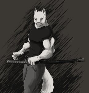 Rating: Safe Score: 0 Tags: 5_fingers anthro biceps big_muscles biped bottomwear canid canine canis claws clothed clothing daniel_packarus e621 fingers fully_clothed fur grey_background holding_melee_weapon holding_object holding_sword holding_weapon inner_ear_fluff katana looking_aside looking_at_viewer male mammal melee_weapon muscular muscular_anthro muscular_male pants scabbard sheathed_weapon shirt side_view simple_background solo standing sword t-shirt tail topwear tuft weapon white_body white_fur wolf zekit User: bunchy7s
