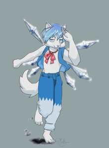 Rating: Safe Score: 0 Tags: 4_toes 5_fingers anthro barefoot biped blue_body blue_eyes blue_fur bottomwear canid canine canis cirno clothed clothing cosplay e621 feet fingers fleufy front_view fur grey_background hair looking_at_viewer male mammal on_one_leg open_clothing pants partially_clothed short_hair simple_background solo standing toes topwear touhou vest white_body white_fur wolf User: bunchy7s