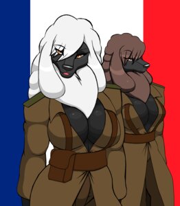 Rating: Questionable Score: 0 Tags: 2012 anthro big_breasts black_nose bottomwear breasts brown_hair canid canine canis chloe_(droll3) cleavage clothed clothing domestic_dog droll3 duo e621 female france french_flag hair hi_res long_hair looking_at_viewer mammal pants parody poodle sibling_(lore) sister_(lore) sisters_(lore) smile twins_(lore) white_hair world_war world_war_2 zoe_(droll3) User: bunchy7s